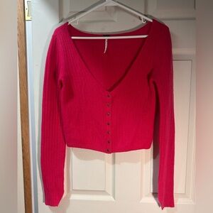 Free People Pink Button-Up Cashmere Cropped Cardigan